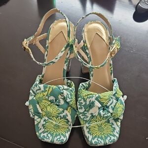 Floral Green Patterned Women's Slingback Heels